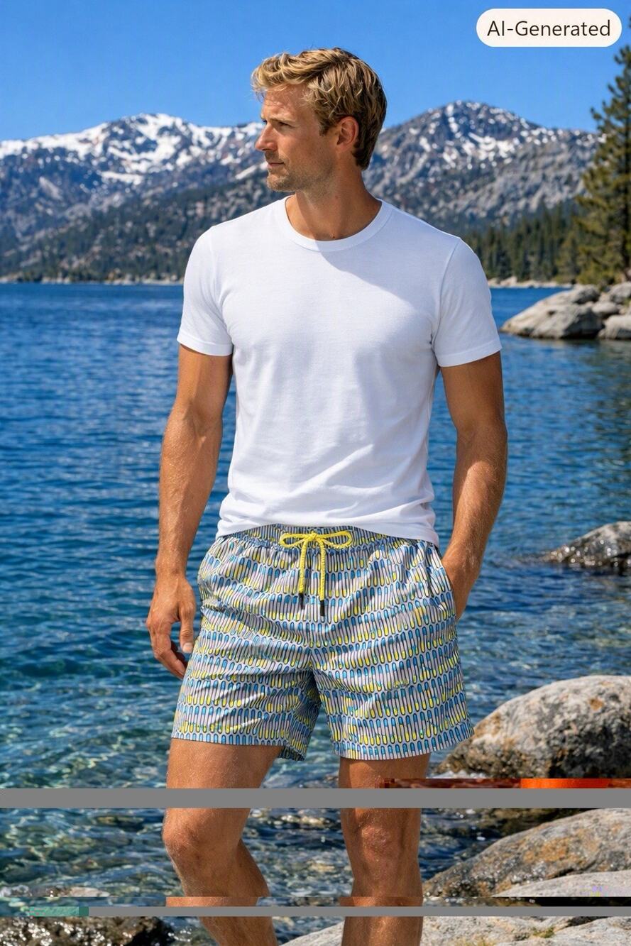 SWIMS Breeze Swim Short Trunks 6.5” — L Blue Geometric Vacation Made In Portugal